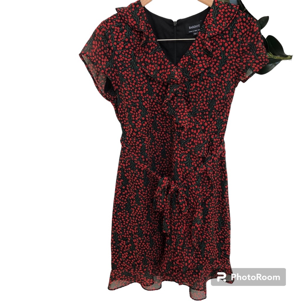 Bardot Printed Fit & Flare Ruffle  Mini Cherry Print Dress Women's Sz 6 Small